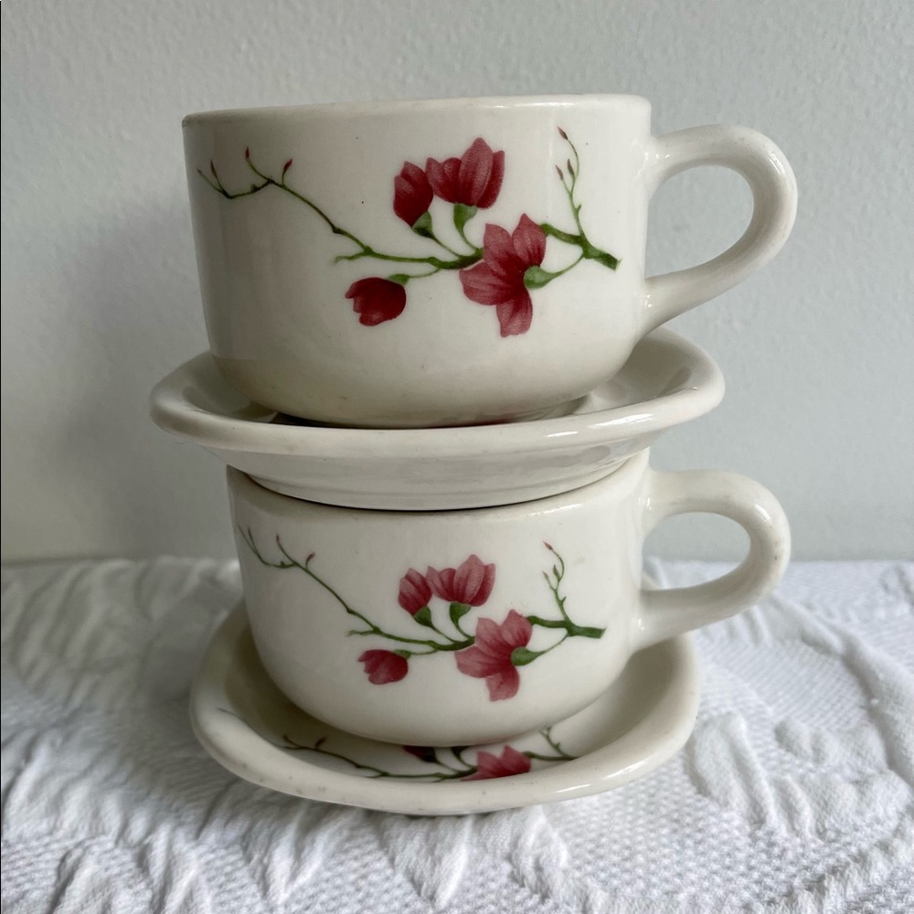 Vintage Trend Syracuse China USA Cherry Blossom Pattern 2 Cup and Saucer Sets